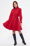 Kırmızı Mini Dökümlü Uzun Kol Beli Lastikli Kuşaklı Gömlek Elbise