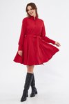Kırmızı Mini Dökümlü Uzun Kol Beli Lastikli Kuşaklı Gömlek Elbise