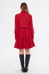 Kırmızı Mini Dökümlü Uzun Kol Beli Lastikli Kuşaklı Gömlek Elbise