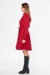 Kırmızı Mini Dökümlü Uzun Kol Beli Lastikli Kuşaklı Gömlek Elbise