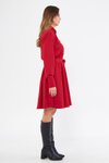 Kırmızı Mini Dökümlü Uzun Kol Beli Lastikli Kuşaklı Gömlek Elbise