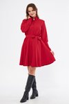 Kırmızı Mini Dökümlü Uzun Kol Beli Lastikli Kuşaklı Gömlek Elbise