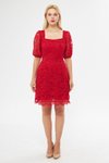Kırmızı Mini Fransız Dantel Balon Kol Kare Yaka Abiye Elbise
