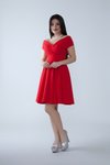 Kırmızı Mini Kloş Dökümlü Kayık Yaka Pileli Abiye Elbise