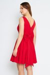 Kırmızı Mini Kloş V Yaka Pileli Abiye Elbise