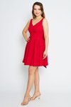 Kırmızı Mini Kloş V Yaka Pileli Abiye Elbise
