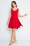 Kırmızı Mini Kloş V Yaka Pileli Abiye Elbise