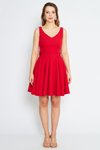 Kırmızı Mini Kloş V Yaka Pileli Abiye Elbise