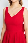 Kırmızı Mini Kloş V Yaka Pileli Abiye Elbise