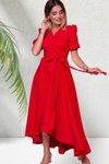 Kırmızı Uzun Asimetrik Kesim Kruvaze Yaka Kısa Kol Elbise