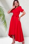 Kırmızı Uzun Asimetrik Kesim Kruvaze Yaka Kısa Kol Elbise
