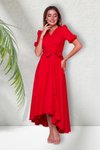 Kırmızı Uzun Asimetrik Kesim Kruvaze Yaka Kısa Kol Elbise