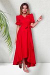 Kırmızı Uzun Asimetrik Kesim Kruvaze Yaka Kısa Kol Elbise