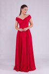 Kırmızı Uzun Kayık Yaka Abiye Elbise