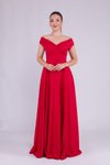 Kırmızı Uzun Kayık Yaka Abiye Elbise