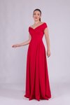 Kırmızı Uzun Kayık Yaka Abiye Elbise