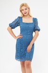 Kot Mavi Fransız Dantel Mini Balon Kol Kare Yaka Abiye Elbise