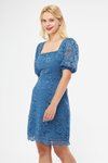 Kot Mavi Fransız Dantel Mini Balon Kol Kare Yaka Abiye Elbise
