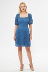 Kot Mavi Fransız Dantel Mini Balon Kol Kare Yaka Abiye Elbise