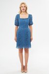Kot Mavi Fransız Dantel Mini Balon Kol Kare Yaka Abiye Elbise