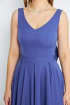 Kot Mavi Midi Boy Kloş V Yaka Pileli Sırtı Fiyonklu Elbise