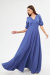 Kot Mavi Uzun Balon Kol V Yaka Korsaj Kemer Detay Abiye Elbise