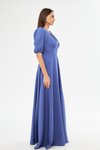 Kot Mavi Uzun Balon Kol V Yaka Korsaj Kemer Detay Abiye Elbise
