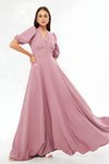 Long V-Neck Balloon Sleeve Corsage Belt Detail Evening Dress - Dark Rose