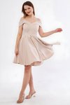 Mini Flared Pleated Strappy Boat Neck Evening Dress - Cream