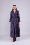 Lacivert Çiçek Desenli Kadife Kruvaze Yaka Uzun Kol Elbise