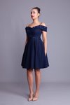 Lacivert Kareli Askılı Düşük Omuz Mini Kloş Payet Detaylı Abiye Elbise