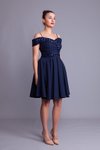 Lacivert Kareli Askılı Düşük Omuz Mini Kloş Payet Detaylı Abiye Elbise