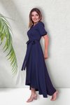 Lacivert Midi Kısa Kol Kruvaze Yaka Asimetrik Kesim Abiye Elbise