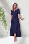 Lacivert Midi Kısa Kol Kruvaze Yaka Asimetrik Kesim Abiye Elbise