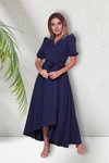 Lacivert Midi Kısa Kol Kruvaze Yaka Asimetrik Kesim Abiye Elbise
