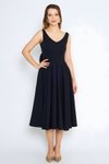 Midi Flared Pleated V-Neck Bow Back Evening Dress - Navy Blue