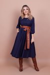 Lacivert Midi Yuvarlak Yaka Cep Detaylı Elbise