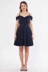 Lacivert Mini Askılı Kloş Pileli Kayık Yaka Abiye Elbise