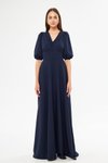 Lacivert Uzun Balon Kol V Yaka Korsaj Kemer Detaylı Abiye Elbise
