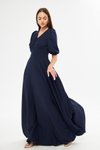 Lacivert Uzun Balon Kol V Yaka Korsaj Kemer Detaylı Abiye Elbise
