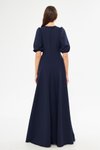 Lacivert Uzun Balon Kol V Yaka Korsaj Kemer Detaylı Abiye Elbise
