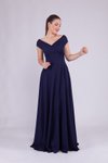 Lacivert Uzun Kayık Yaka Abiye Elbise