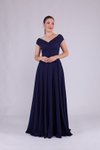 Lacivert Uzun Kayık Yaka Abiye Elbise