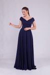 Lacivert Uzun Kayık Yaka Abiye Elbise