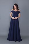 Lacivert Uzun Kloş Askılı Düşük Omuz Detay Nişan Abiye Elbise