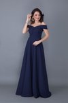 Lacivert Uzun Kloş Askılı Düşük Omuz Detay Nişan Abiye Elbise