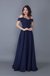 Lacivert Uzun Kloş Askılı Düşük Omuz Detay Nişan Abiye Elbise