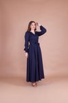 Lacivert Uzun Kruvaze Yaka Kemerli Elbise