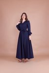 Lacivert Uzun Kruvaze Yaka Kemerli Elbise