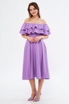 Leylak Lila Fırfır Yaka Düşük Omuz Dökümlü Midi Elbise